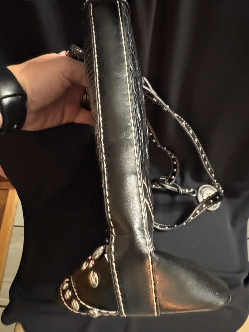 Blazin Roxx  Black Faux Ostrich Embossed Studded Shoulder Tote - Picture 9 of 12